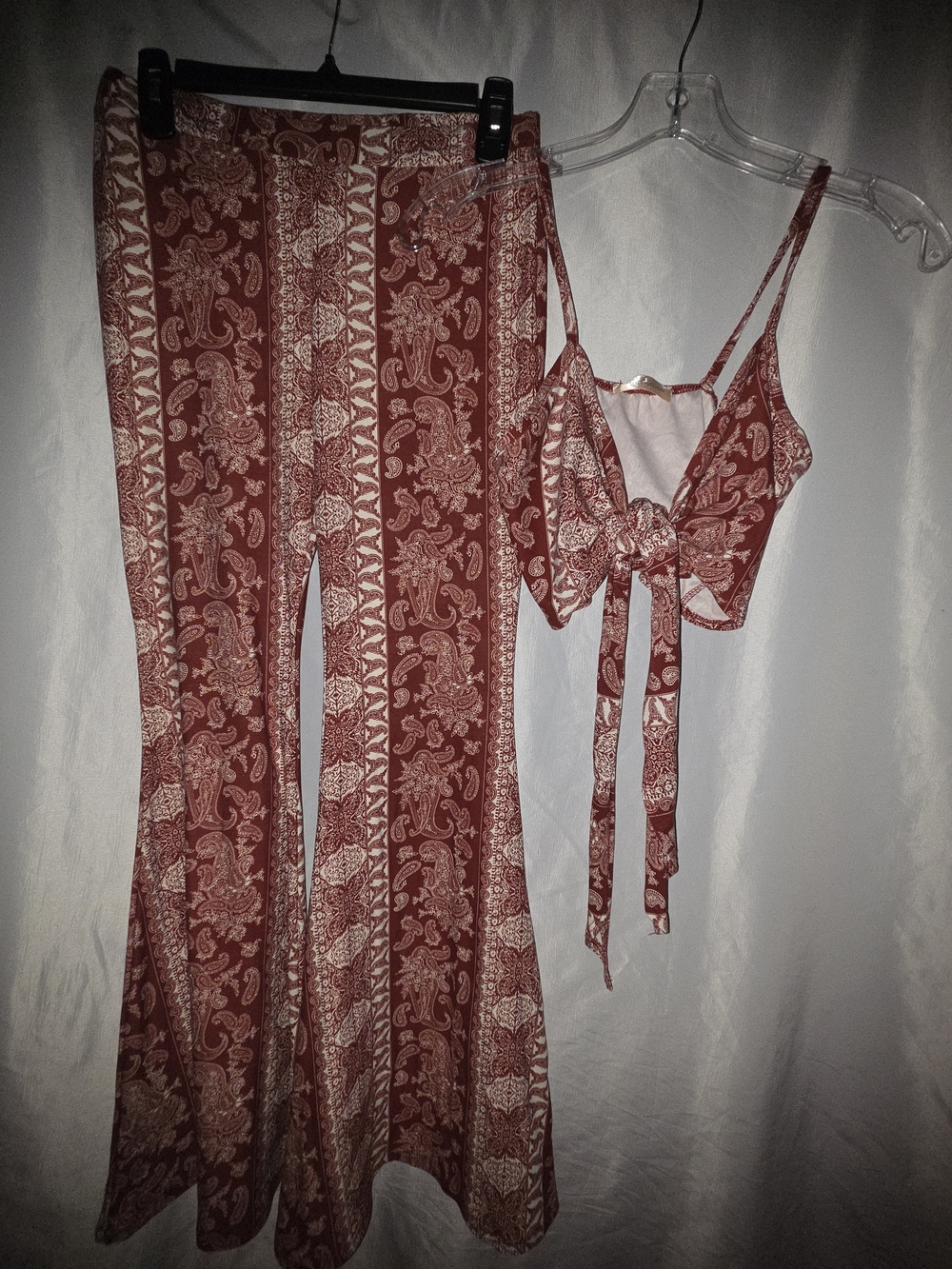 Rust Red Paisley Tie-Front Bralette & Flared Pant Set